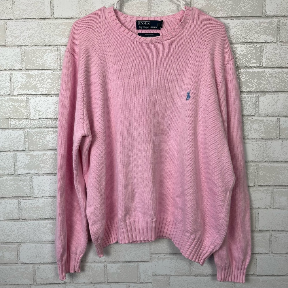 Vintage Palph Lauren Light Baby Pink Crew Neck Knitted Ribbed Cuff Sweater